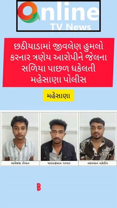 છઠીયાડામાં જીવલેણ હુમલો
કરનાર ત્રણેય આરોપીને જેલના
સળિયા પાછળ ધકેલતી
મહેસાણા પોલીસ