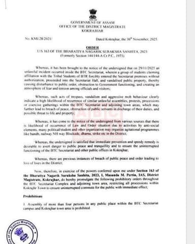 🚨BTC সচিবালয়ত প্ৰতিবাদৰ নামত সংঘটিত হিংসাত্মক ঘটনাক লৈ কেইবাটাও নিষেধাজ্ঞা জাৰি কোকৰাঝাৰ জিলা প্ৰশাসনৰ ।
🚨আইন উলংঘা কৰিল...