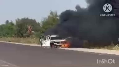 लाडनूं: धूड़ीला बस स्टैंड के पास एक चलती कार आग का गोला बनी, गाड़ी जलकर हुई राख