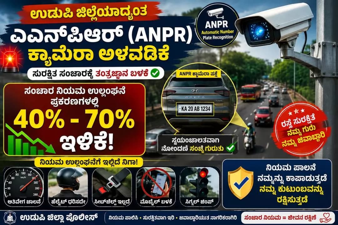 ಉಡುಪಿ: ಎಎನ್ಪಿಆರ್ ಕ್ಯಾಮೆರಾ ಅಳವಡಿಕೆಯಿಂದ ಸಂಚಾರ ನಿಯಮ ಉಲ್ಲಂಘನೆ ಪ್ರಕರಣಗಳಲ್ಲಿ ಭಾರಿ ಇಳಿಕೆ