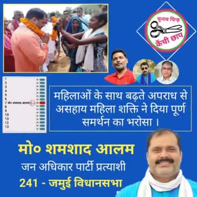 जमुई के सम्मान में , शमशाद आलम मैदान में ।
संसाधन से भरपूर जमुई रहा उपेक्षित : मोहम्मद शमशाद आलम ।
#जाप
#शमशाद_आलम