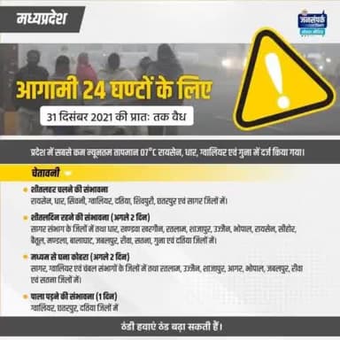 रायसेन, धार, सिवनी, ग्वालियर, दतिया, शिवपुरी, छतरपुर एवं सागर जिलों में #coldwave की संभावना है।
भोपाल, जबलपुर, रीवा, सतना सहित मौसम विभाग ने प्रदेश के 23 जिलों में यलो अलर्ट जारी किया है। ठंडी हवाएं ठंड बढ़ा सकती हैं।