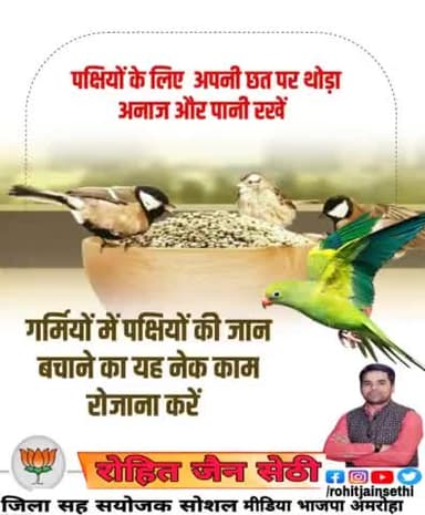 आपका एक छोटा सा #प्रयास कई प्यासे #पक्षियों एवं जीवो का #प्यास बुझा सकती हैं।
#पक्षी लाते हैं #सकारात्मक #ऊर्जा,
अब समय आ गया है कि हम अन्य प्राणियों की भी सेवा करे। छत में भी पानी की व्यवस्था करें, छायादार जगह बनाकर वहां पानी के बर्तन भर