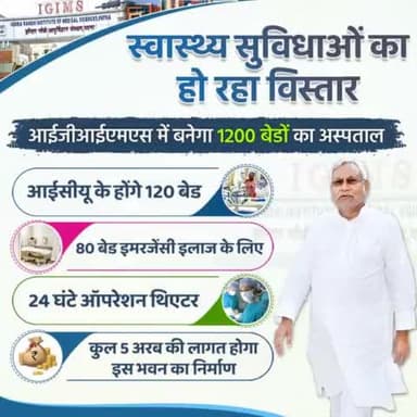 सरकार कर रही स्वास्थ्य सुविधाओं का विस्तार…
आईजीआईएमएस में कुल 5 अरब की लागत से बनेगा 1200 बेडों का नया भवन …
बिहारवासियों को मिलेंगी उपचार की अत्याधुनिक सुविधाएं।
#IGIMS #Health