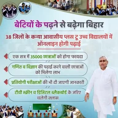 बेटियों के पढ़ने से बढ़ेगा बिहार…
38 जिलों के कन्या आवासीय प्लस टू उच्च विद्यालय में टीवी स्क्रीन व डिजिटल ब्लैकबोर्ड के जरिए ऑनलाइन होगी पढ़ाई।
#Education #OnlineClass 
#Bihar #NitishKumar