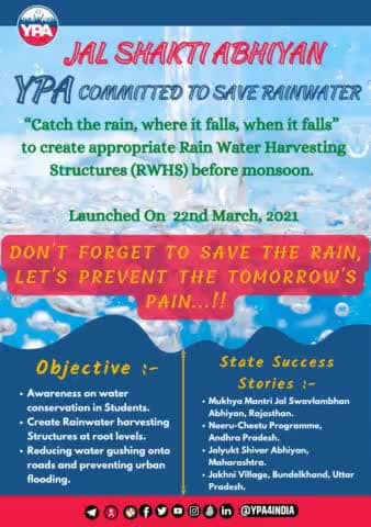 "YPA stands for water conservation programs and support them."
#jalshaktiabhiyan #jalshakti #nationalyouthday #savetheplanet #water #janshakti #waterconservation #savewater #environmentclub #climatechangeisreal