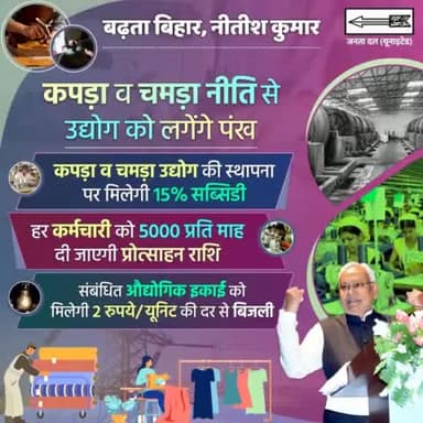 #बिहार_औद्योगिक_निवेश_नीति के तहत वस्त्र व चमड़ा नीति- 2022 से #उद्यमियों को प्रोत्साहित किया जा रहा है।
#बिहार जल्द ही #कपड़ा और #चमड़ा उद्योग का हब बनेगा और राज्य के लोगों के लिए #रोजगार पैदा