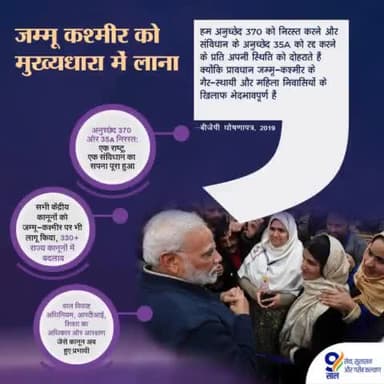 जम्मू-कश्मीर से अनुच्छेद 370 और 35A को निरस्त कर मोदी सरकार ने अपने 'एक राष्ट्र-एक संविधान' के संकल्प को पूर्ण किया और जम्मू-कश्मीर को विकास की मुख्य धारा से जोड़ा। 
#9YearsOfIndiaFirst