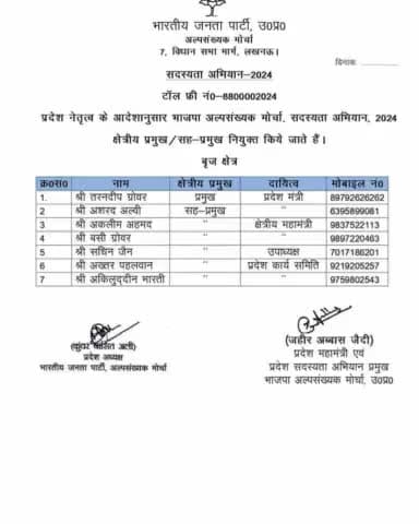 सदस्यता 8800002024अभियान 2024 के के लिए प्रदेश नेतृत्व द्वारा ब्रज क्षेत्र सह - प्रमुख बनाए जाने पर बहुत-बहुत हार्दिक बधाई एवं शुभकामनाएं!!
#मु०आसिफ #इस्लाम
जिला अध्यक्ष
भाजपा अल्पसंख्यक मोर्चा