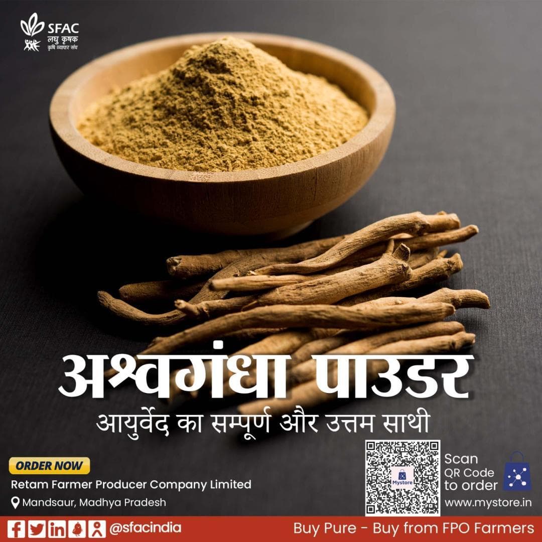 अपने शरीर व मन को बनाएं ऊर्जावान FPO किसानों द्वारा बनाए गए शुद्ध अश्वगंधा पाउडर के साथ।