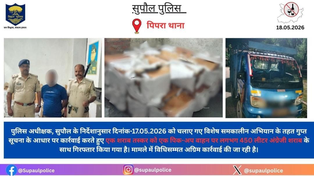 पिपरा थानांतर्गत एक शराब तस्कर को एक पिक-अप वाहन पर लगभग 450 लीटर अंग्रेजी शराब के साथ गिरफ्तार किया गया है।
