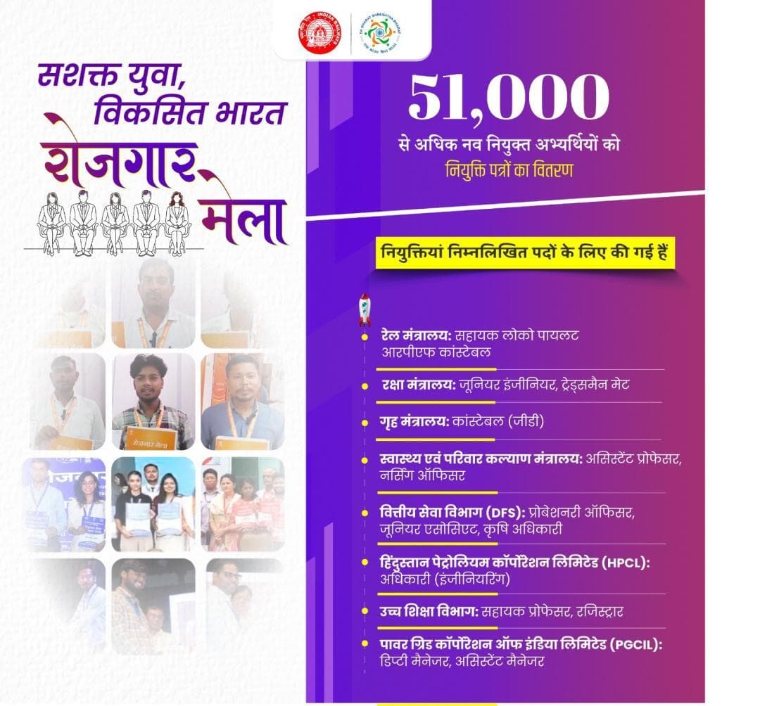 रोजगार मेला सिर्फ नौकरियां नहीं, बल्कि युवाओं के सपनों को नई उड़ान देने का माध्यम बन रहा है 🇮🇳
#RozgarMela