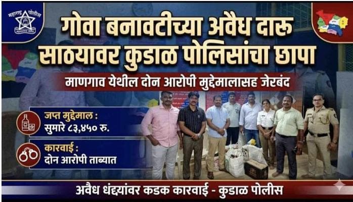 गोवा बनावटी दारू साठ्यावर कुडाळ पोलिसांचा छापा
माणगाव येथे दोघांना अटक; ₹७८,४५० चा मुद्देमाल जप्त