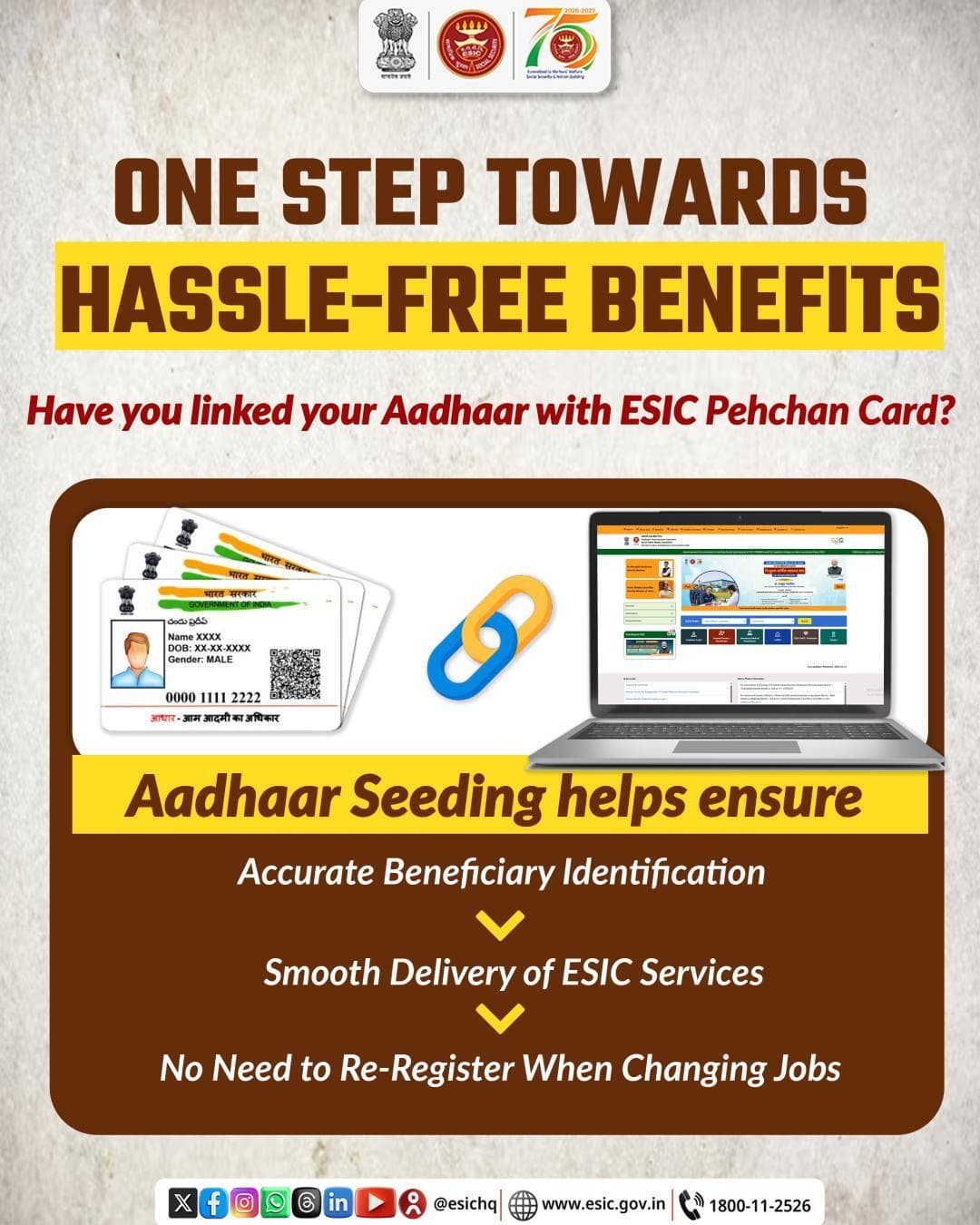 ONE STEP TOWARDS
HASSLE-FREE BENEFITS
Have you linked your Aadhaar with ESIC Pehchan Card?