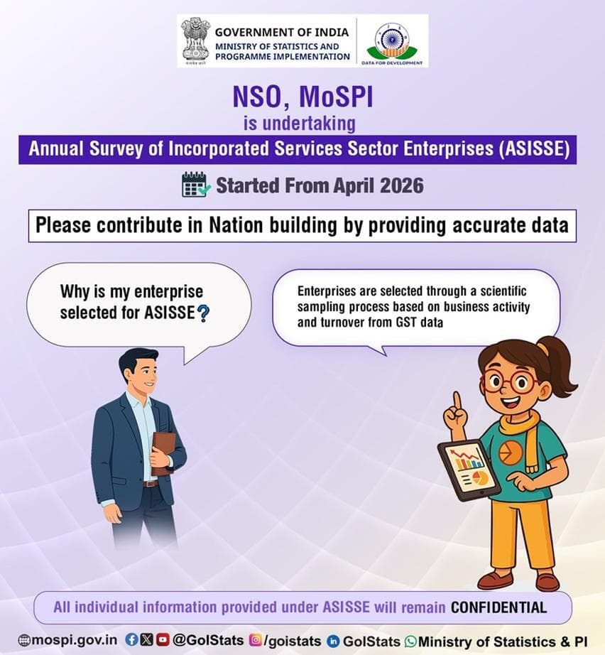NSO, MoSPI is undertaking Annual Survey of Incorporated Services Sector Enterprises (ASISSE) from April 2026.