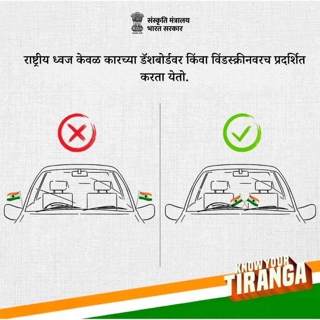 कारमध्ये राष्ट्रीय ध्वज प्रदर्शित करताना तो केवळ डॅशबोर्डवर किंवा विंडस्क्रीनवरच प्रदर्शित करावा.