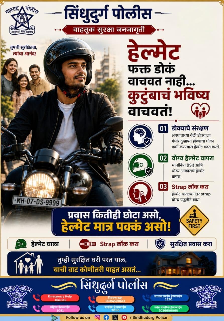 हेल्मेट केवळ नियमासाठी नाही,
तर आपल्या सुरक्षिततेसाठी आहे..
प्रवास कितीही छोटा असो,
हेल्मेट मात्र नक्की पाहीजे...