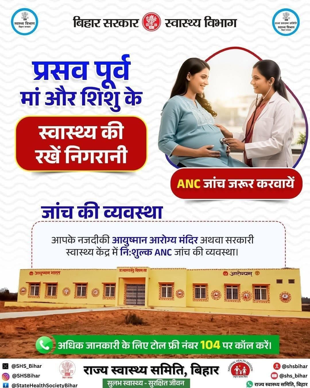 प्रसव पूर्व मां एवं शिशु के स्वास्थ्य की निगरानी हेतु ANC जांच जरूर करवायें।
#Pregnancy #womenhealth