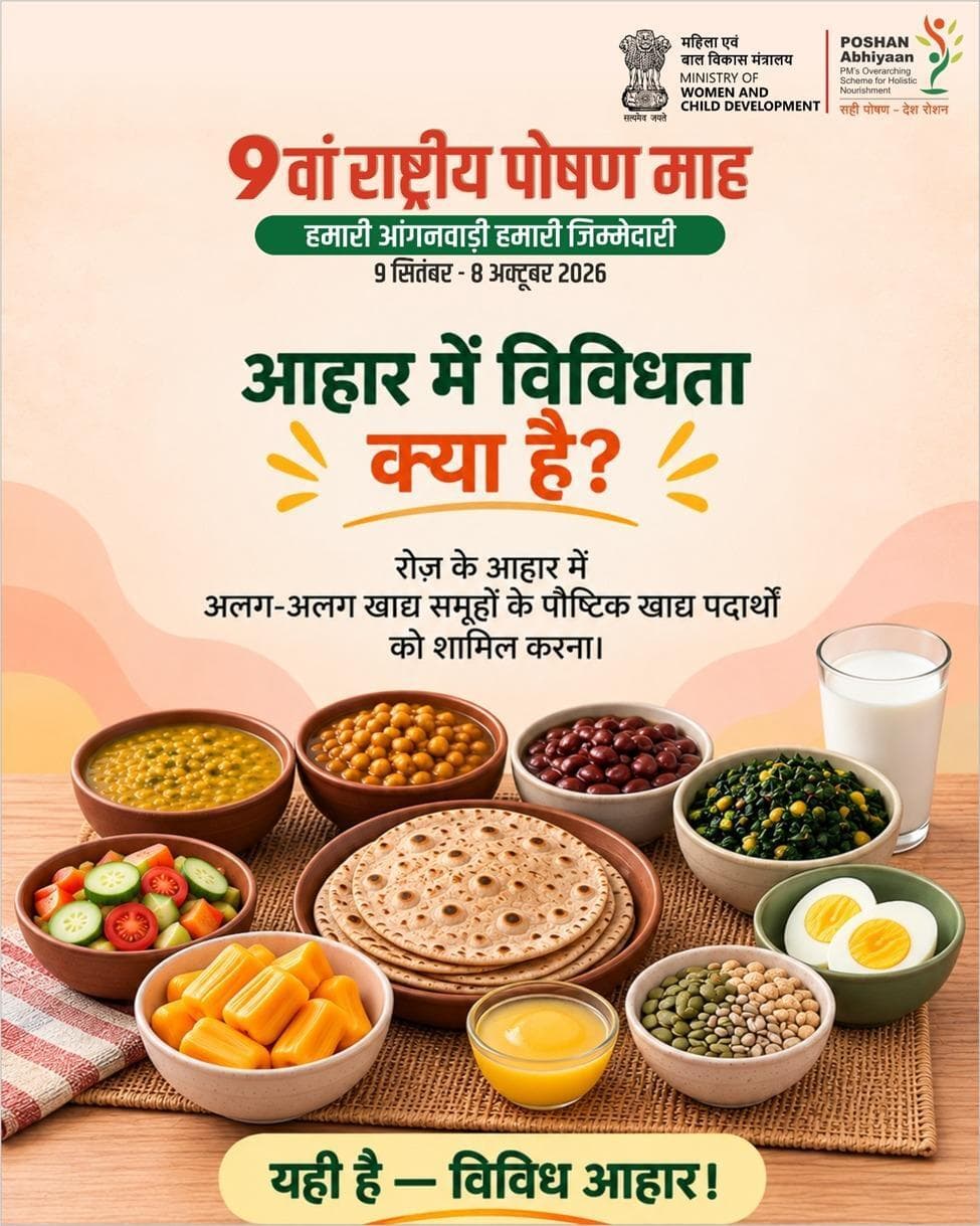 आहार में विविधता, पोषण में समृद्धि
रोज़ के आहार में शामिल करें अलग-अलग पौष्टिक खाद्य पदार्थ।
#PoshanMaah2026