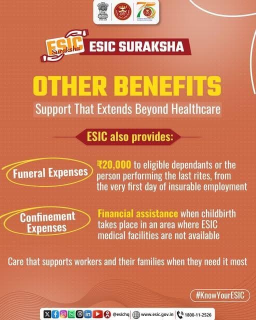 ESIC's social security benefits also include financial assistance for funeral expenses and confinement expenses