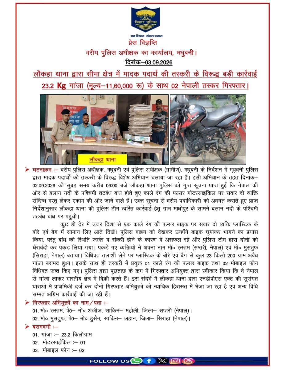 लौकहा थाना द्वारा सीमा क्षेत्र में मादक पदार्थ की तस्करी के विरूद्ध बड़ी कार्रवाई l