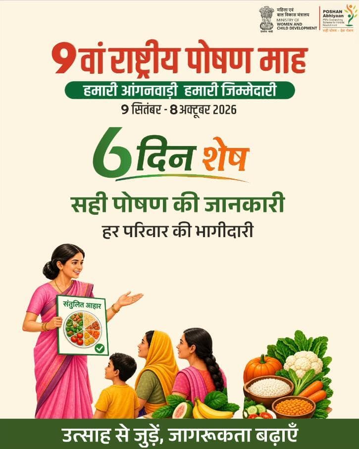 केवल 6 दिन शेष!
आइए पोषण माह 2026 को मिलकर सफल बनाएं।
#6DaysToGo #HamariAnganwadiHamariJimmedari #MaaSangPoshan
