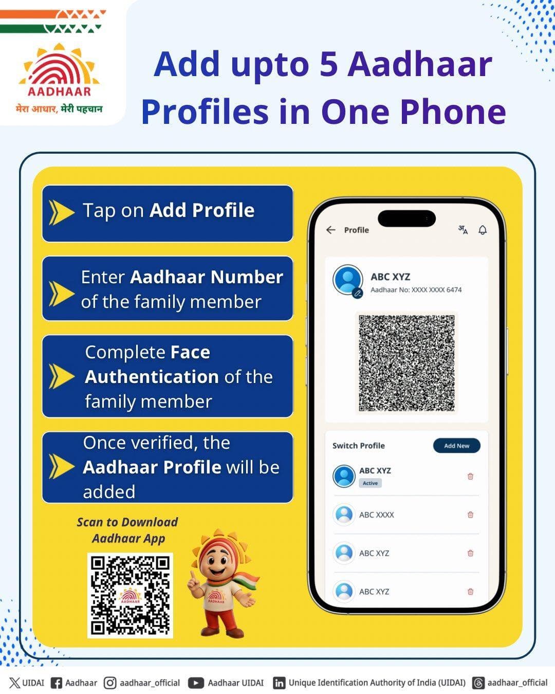 Manage your family’s Aadhaar profiles in Aadhaar Ap, all from one phone!