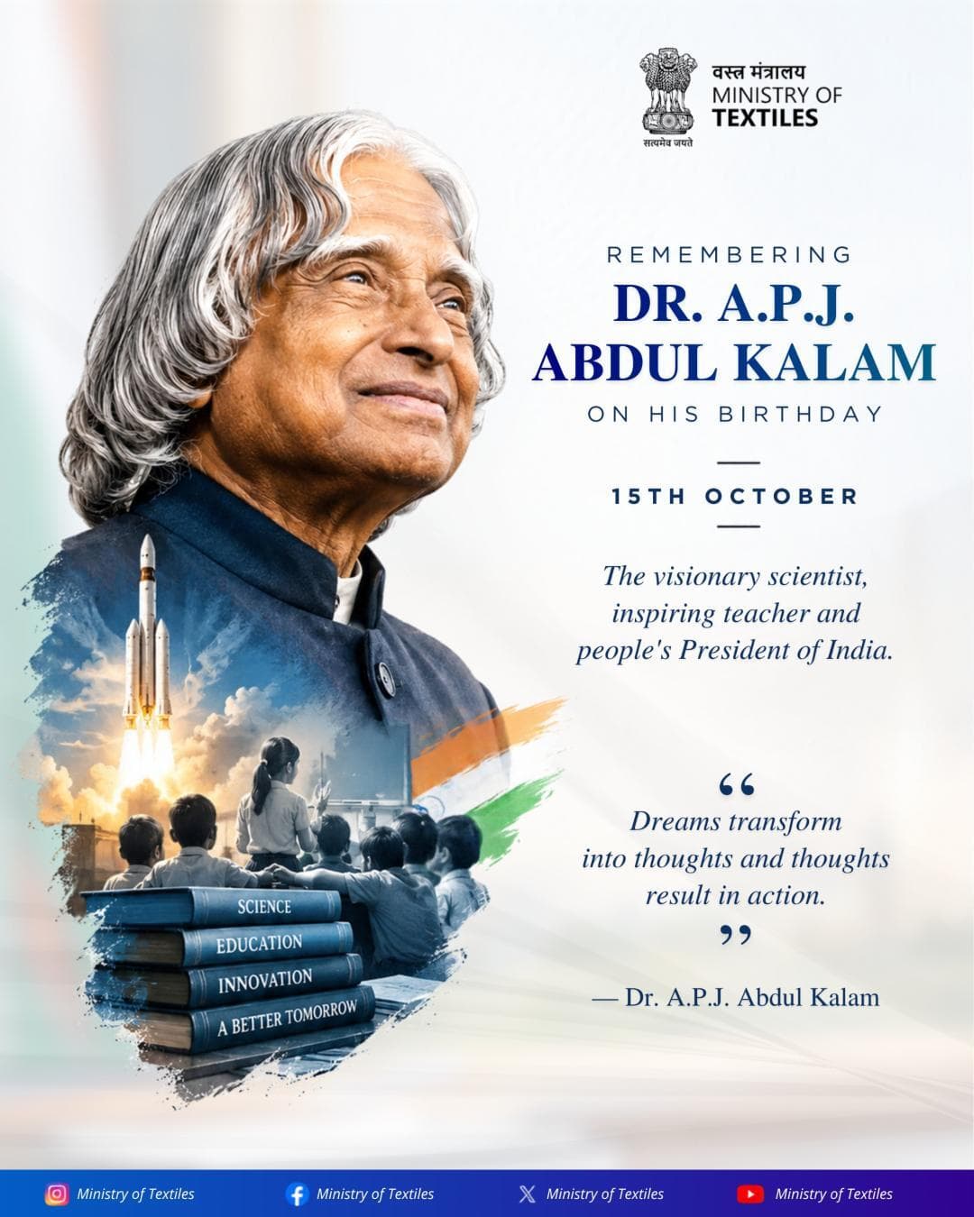 Remembering Dr. A.P.J. Kalam on his birth anniversary, the visionary scientist and People’s President of India.
