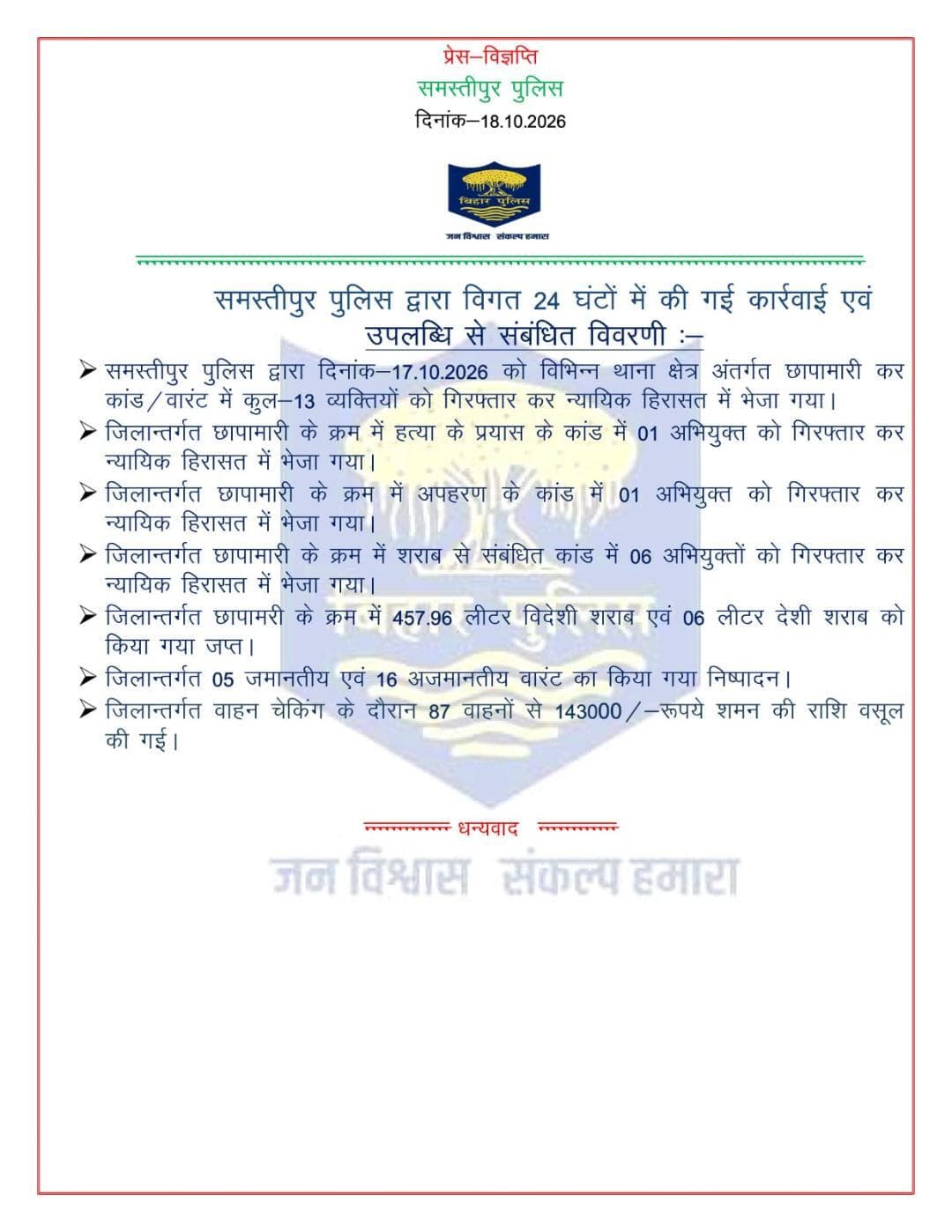 विगत 24 घंटों में समस्तीपुर पुलिस द्वारा की गई कार्रवाई एवं उपलब्धि से संबंधित विवरणी:-