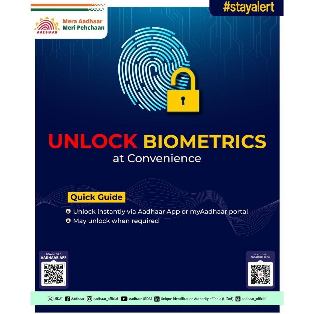 Unlock your Aadhaar biometrics easily through the Aadhaar App or myAadhaar Portal. Its easy and convenient.