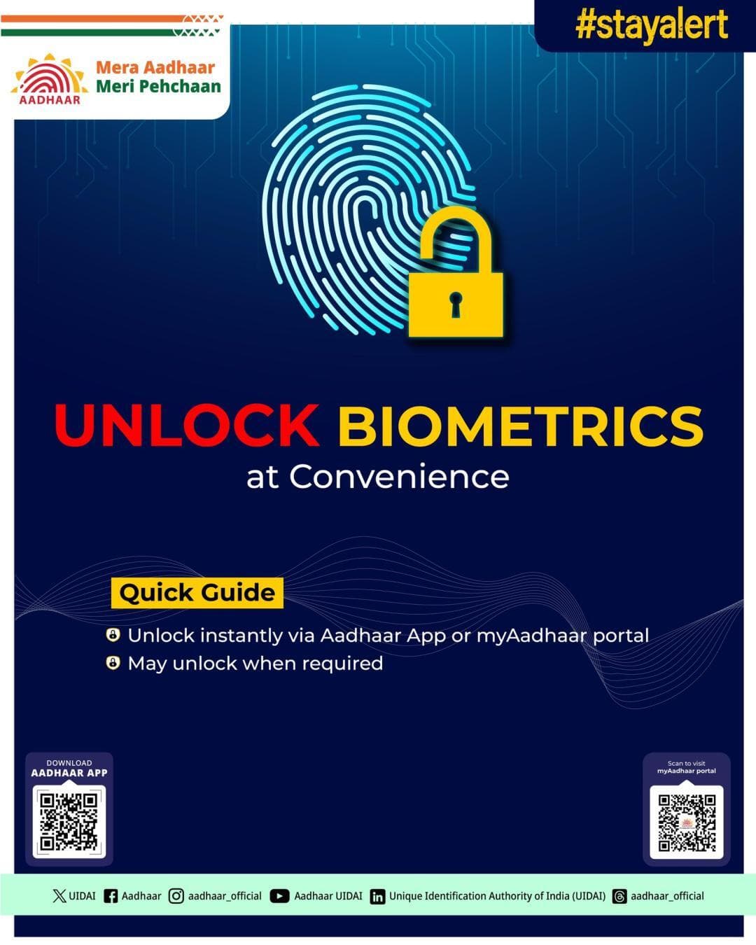 Unlock your Aadhaar biometrics easily through the Aadhaar App or myAadhaar Portal. Its easy and convenient.
