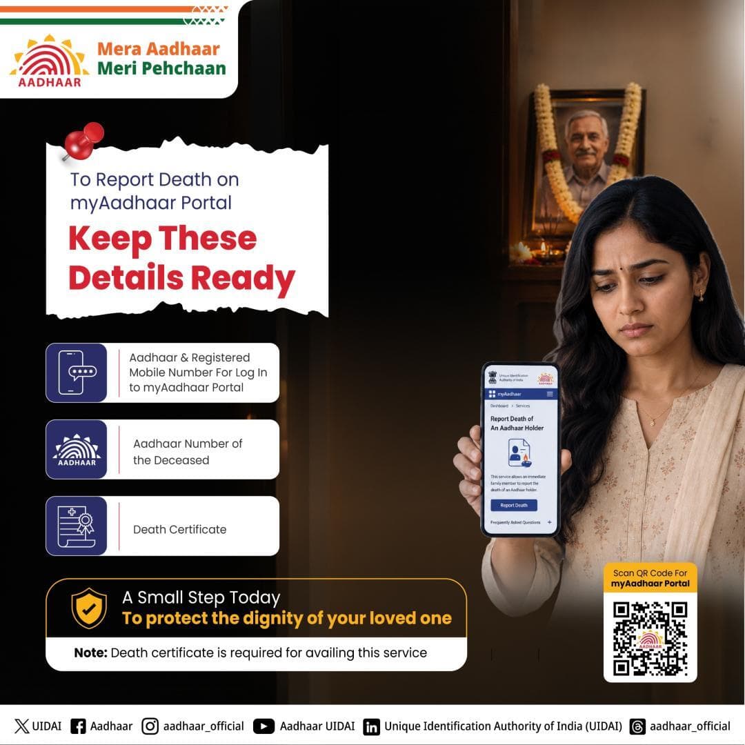 For a smooth death reporting keep ready
Death Certificate
Deceased’s Aadhaar
Reporter Aadhaar & registered mobile number